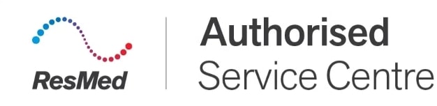 Logo ResMed i napis „Autoryzowane Centrum Serwisowe” obok kolorowej grafiki falistej.