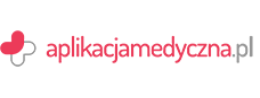 Logo z różowym napisem „aplikacjamedyczna.pl” oraz symbolem serca i krzyża.