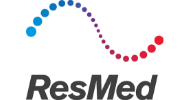 Logo ResMed z falą z kolorowych kropek nad nazwą firmy.