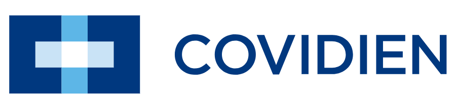 Logo firmy Covidien na białym tle z charakterystycznym niebieskim symbolem po lewej stronie.