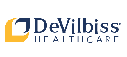 Logo DeVilbiss Healthcare, niebieski napis obok żółto-niebieskiego symbolu graficznego.