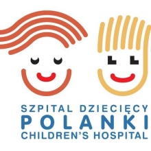 Logo Szpitala Dziecięcego Polanki z uśmiechniętymi twarzami dzieci i napisem w dwóch językach.