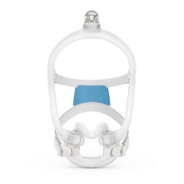 Maska do terapii CPAP z mocowaniem na głowę, widok z przodu na białym tle.