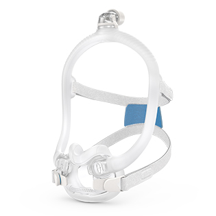 Maska CPAP na twarz do leczenia bezdechu sennego, z paskami mocującymi i silikonową ramą.