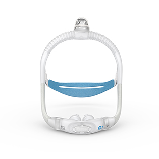Maska do terapii bezdechu sennego CPAP typu nosowego z opaską na głowę, widok z przodu.