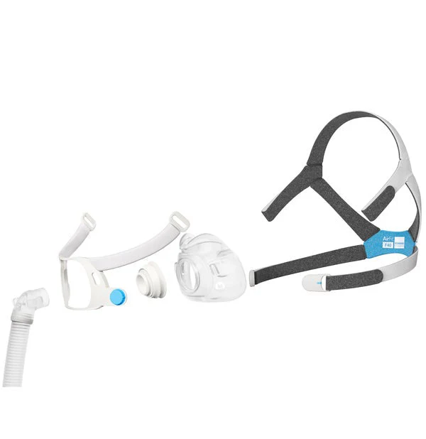 AirFit_F40-Exploded-Standard_Headgear-Medium_cushion-_Diffuse_Out_720x Maska CPAP do terapii bezdechu sennego, pokazana w kilku częściach na białym tle.