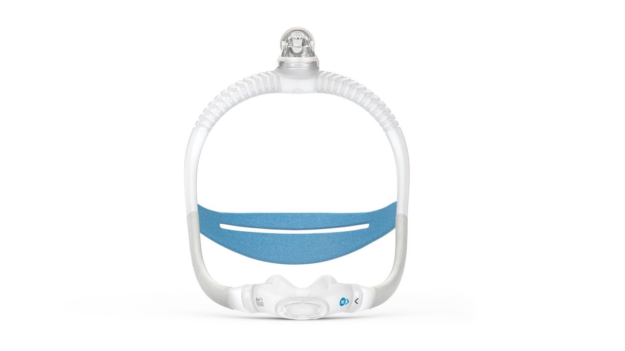 AirFit_N30i_Front Maska do terapii CPAP z białą ramką i niebieskim paskiem, widok z przodu na białym tle.