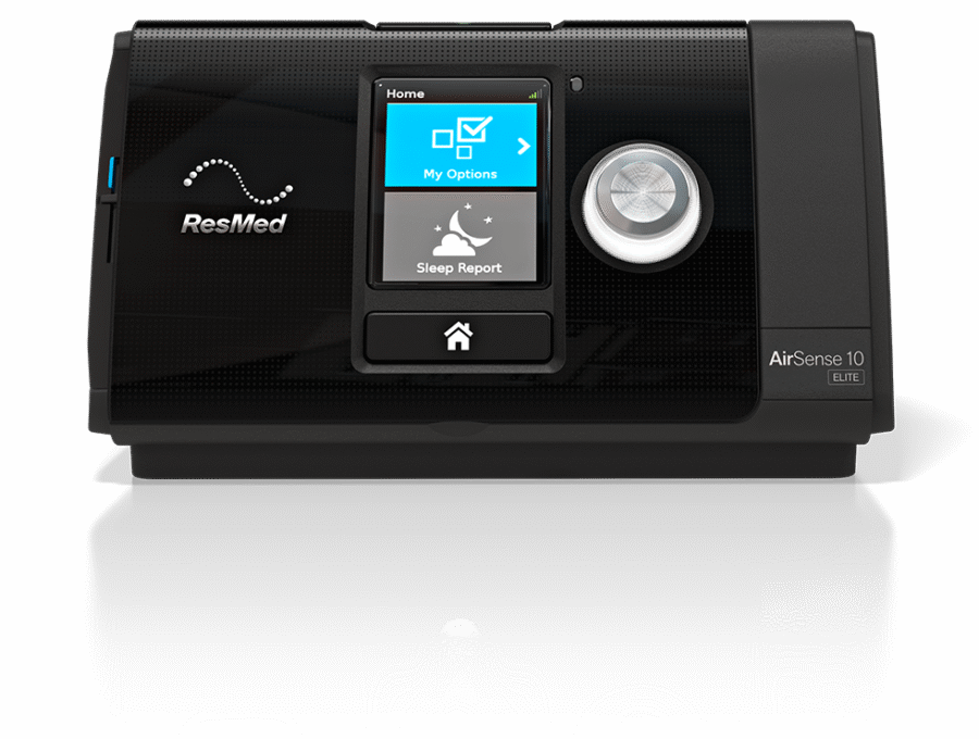 Aparat CPAP ResMed AirSense 10 Elite z ekranem wyświetlającym opcje i raport snu.