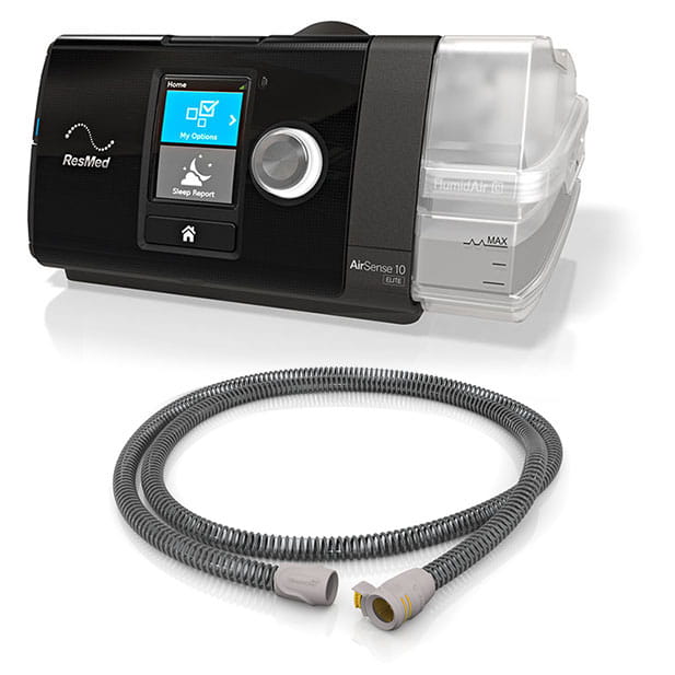 Aparat CPAP ResMed AirSense 10 z wyświetlaczem i rurą do terapii bezdechu sennego.