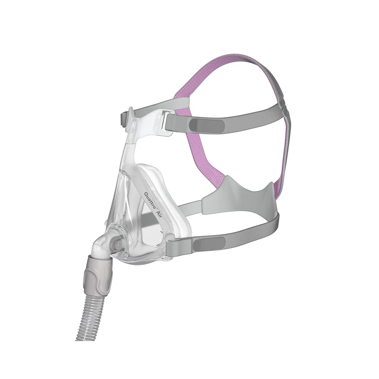 Maska-twarzowa-dla-kobiet-Quattro-Air-for-Her-ResMed Maska do terapii CPAP z rurką, używana do leczenia bezdechu sennego.
