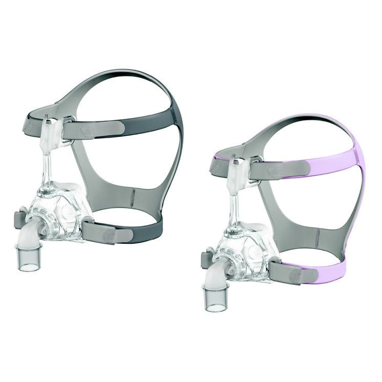Mirage-FX Dwie maski do terapii CPAP z różnokolorowymi paskami na białym tle.