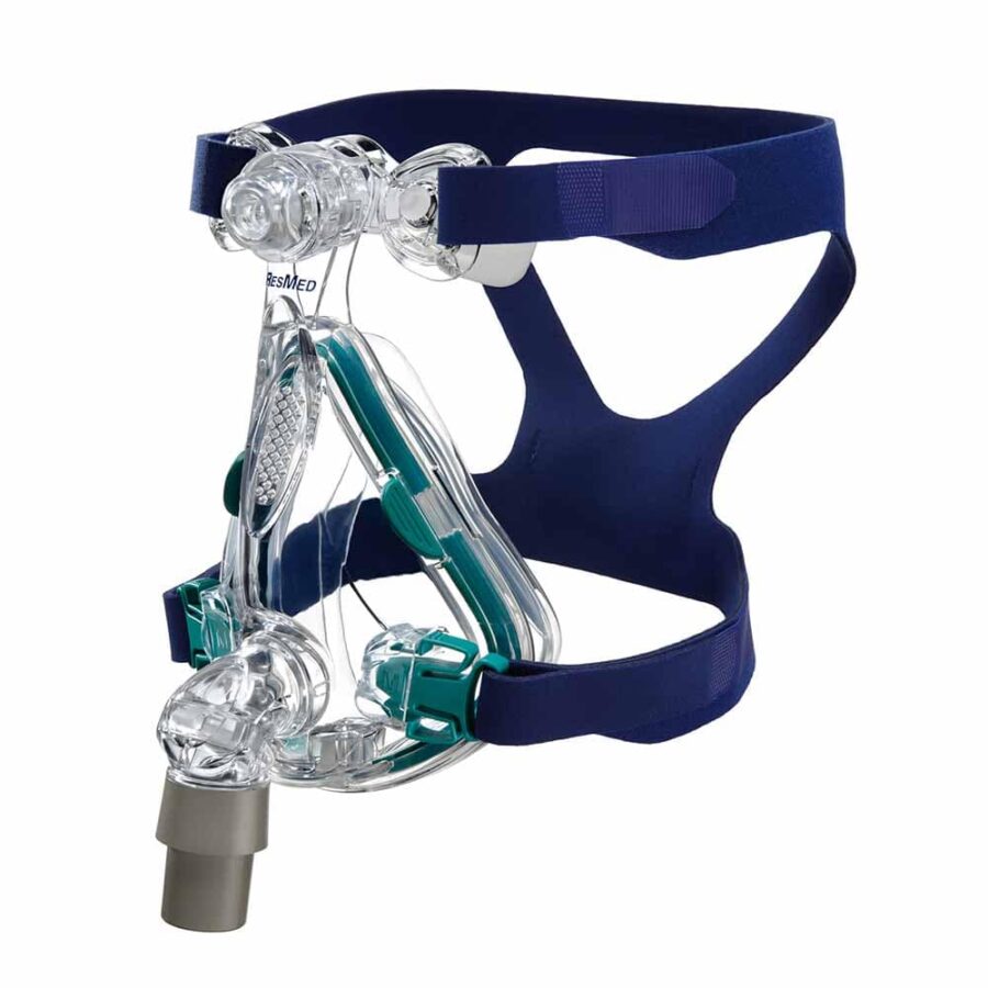 Maska CPAP do terapii bezdechu sennego z przezroczystą konstrukcją i niebieskimi paskami mocującymi.