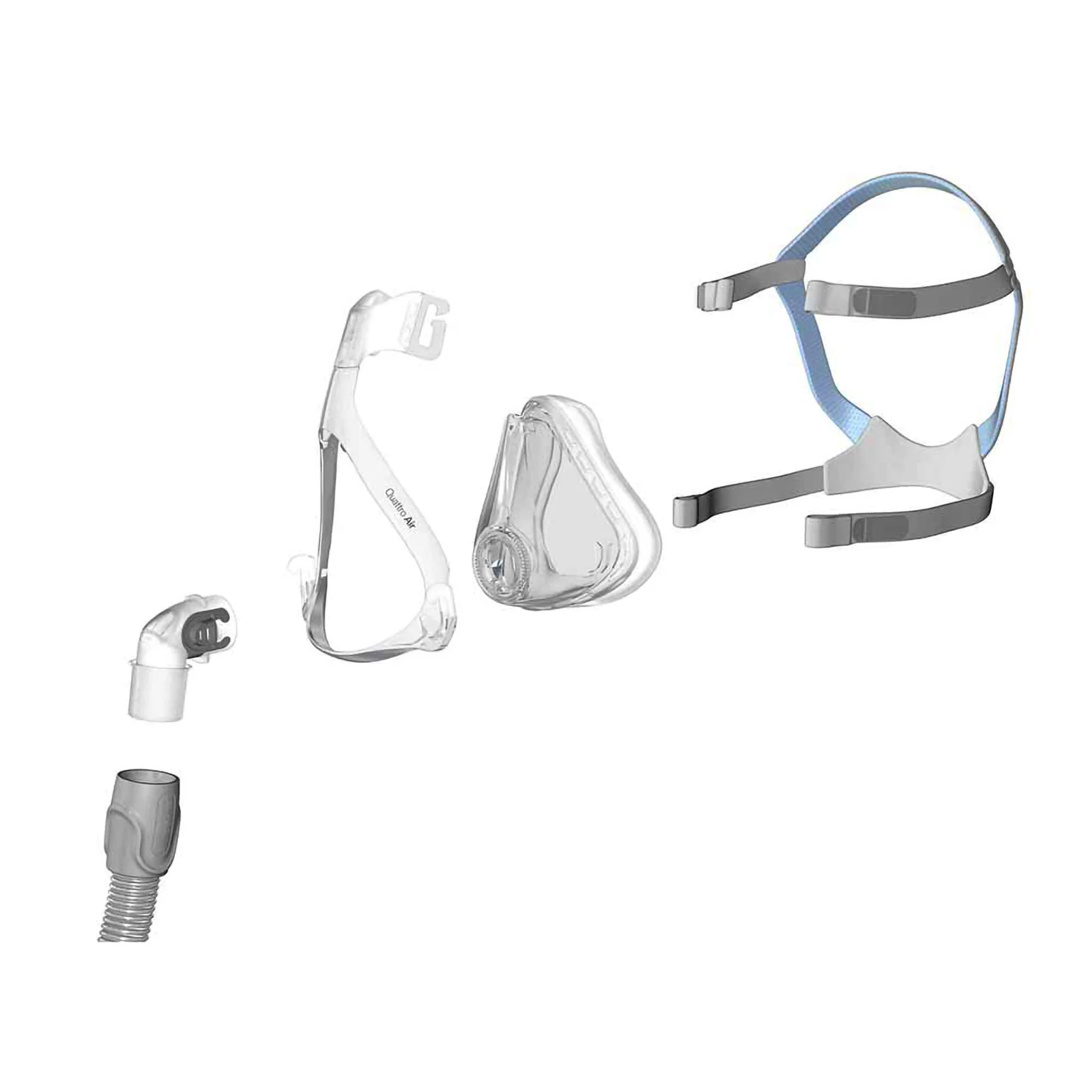 Resmed-Quattro-Air-cpap-mask-3 Elementy maski CPAP do terapii bezdechu sennego rozłożone na części na białym tle.