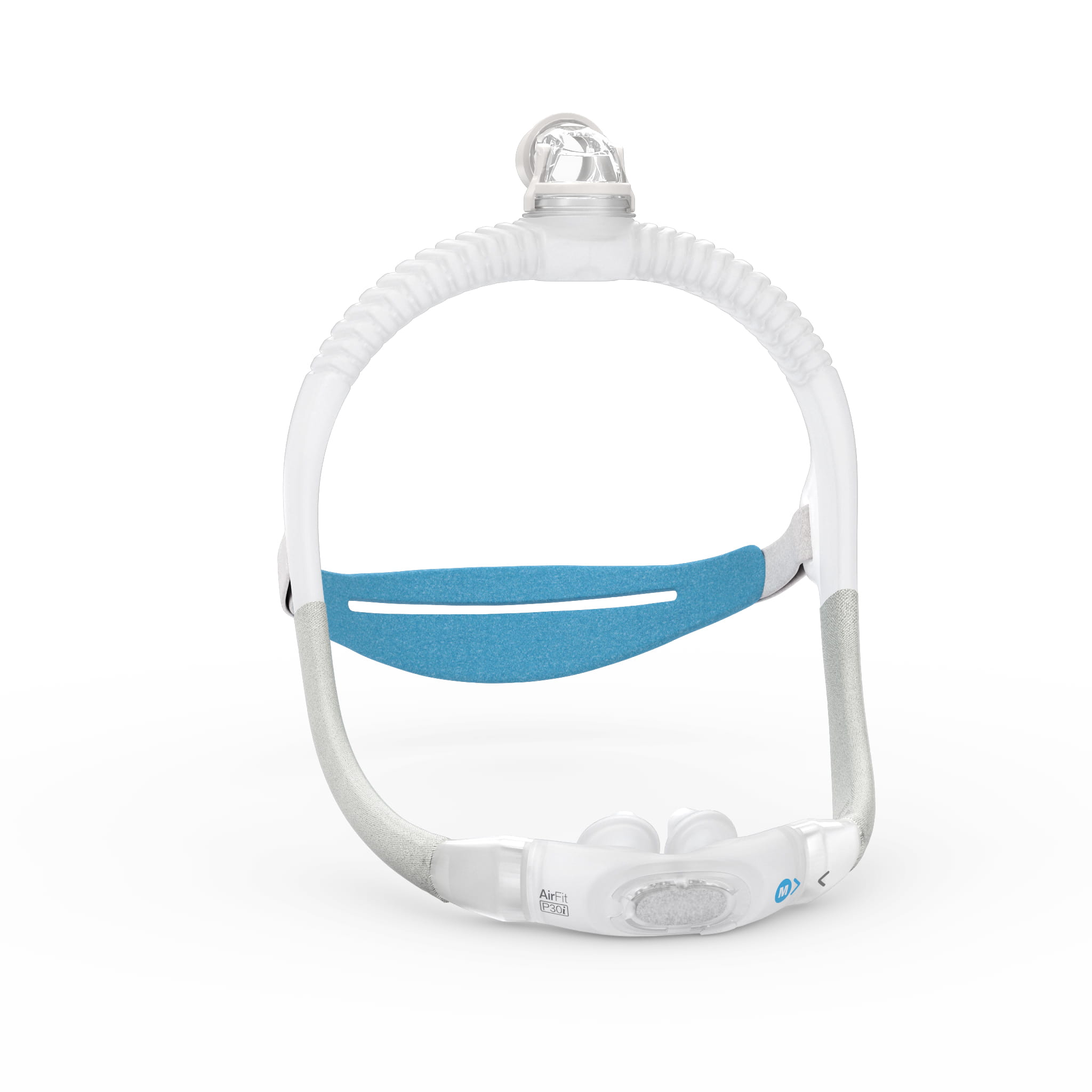 SconePillows_360_Web_00004 Maska do terapii bezdechu sennego CPAP z niebieskim paskiem, widok od przodu na białym tle.