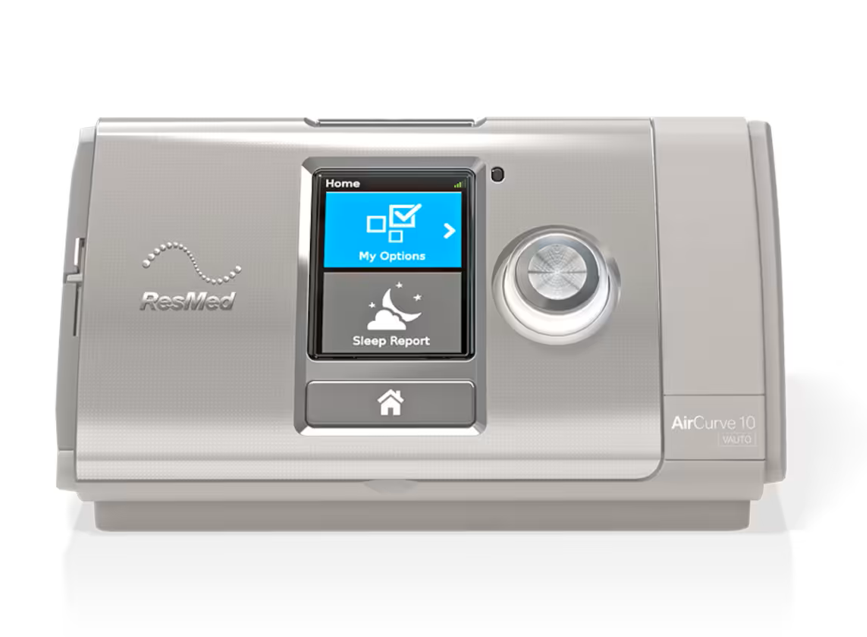 aircurveresmed1 Aparat do terapii bezdechu sennego ResMed AirCurve 10 z wyświetlaczem i pokrętłem sterującym.