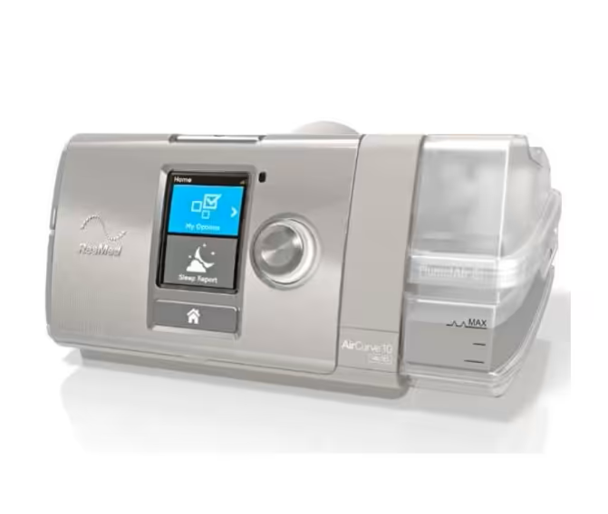 aircurveresmed2 Nowoczesny aparat CPAP z wyświetlaczem do terapii bezdechu sennego na białym tle.