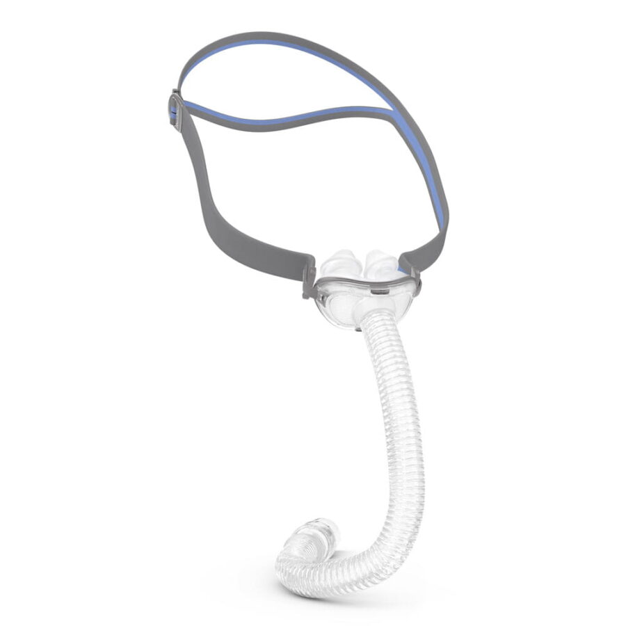 Maska do terapii CPAP z rurką i opaską na głowę na białym tle.