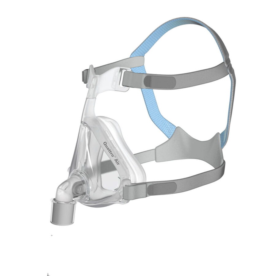 Maska CPAP na bezdech senny z przezroczystą silikonową nakładką oraz regulowanymi paskami na głowę.