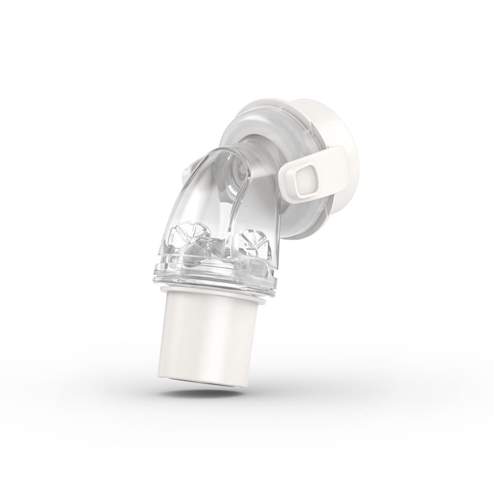 p-EU-63494-ResMed-QuietAir-Quiet-CPAP-Mask-Elbow-01-Medium Przezroczysty zawór do maski CPAP do terapii bezdechu sennego, widok z boku na białym tle.