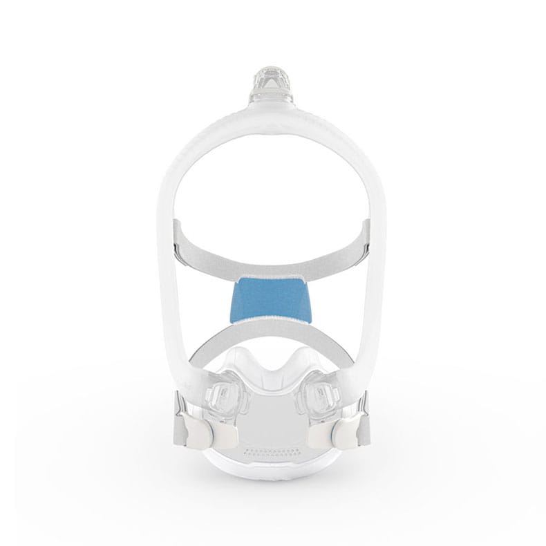 Maska do terapii CPAP z uprzężą i silikonową uszczelką, widok z przodu na białym tle.