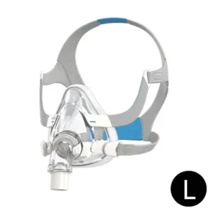 Maska CPAP do terapii bezdechu sennego w rozmiarze L, z regulowanymi paskami na głowę.