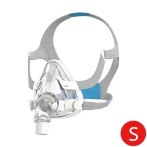 Maska CPAP do terapii bezdechu sennego w rozmiarze S, z przezroczystą nakładką i szarymi paskami.