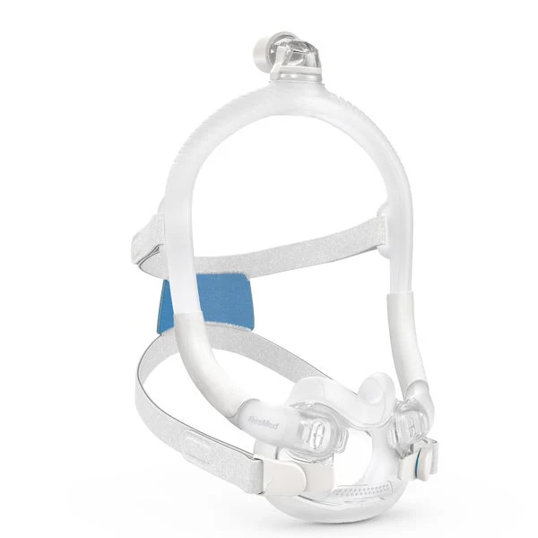 Maska-twarzowa-AirFit-F30i-ResMed Maska do terapii CPAP z paskami mocującymi i rurką powietrzną, widok z przodu.