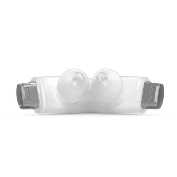 AirFit-P30i-Cushion-view-2 Przezroczyste silikonowe wkładki donosowe do aparatu CPAP widziane z przodu na białym tle.