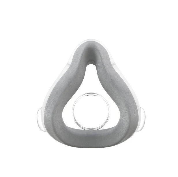 Szara silikonowa poduszka do maski CPAP widziana od przodu na białym tle.