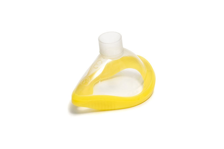 Maska do resuscytacji z żółtą otoczką, widok z boku na białym tle.