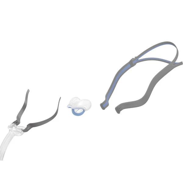 airfit-n30-mask-system-exploded_720x Maska do terapii CPAP rozłożona na części: rurka, poduszka nosowa i pasek mocujący.