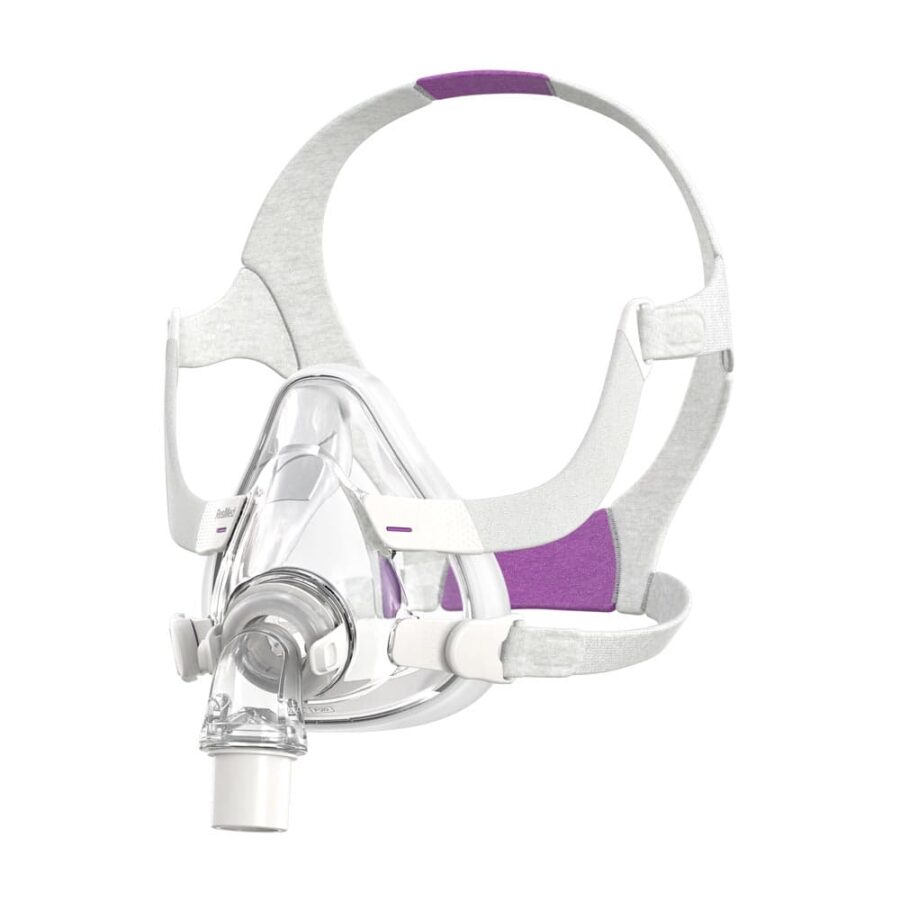 Maska CPAP z przezroczystą częścią na twarz i szarymi paskami do mocowania na głowie.