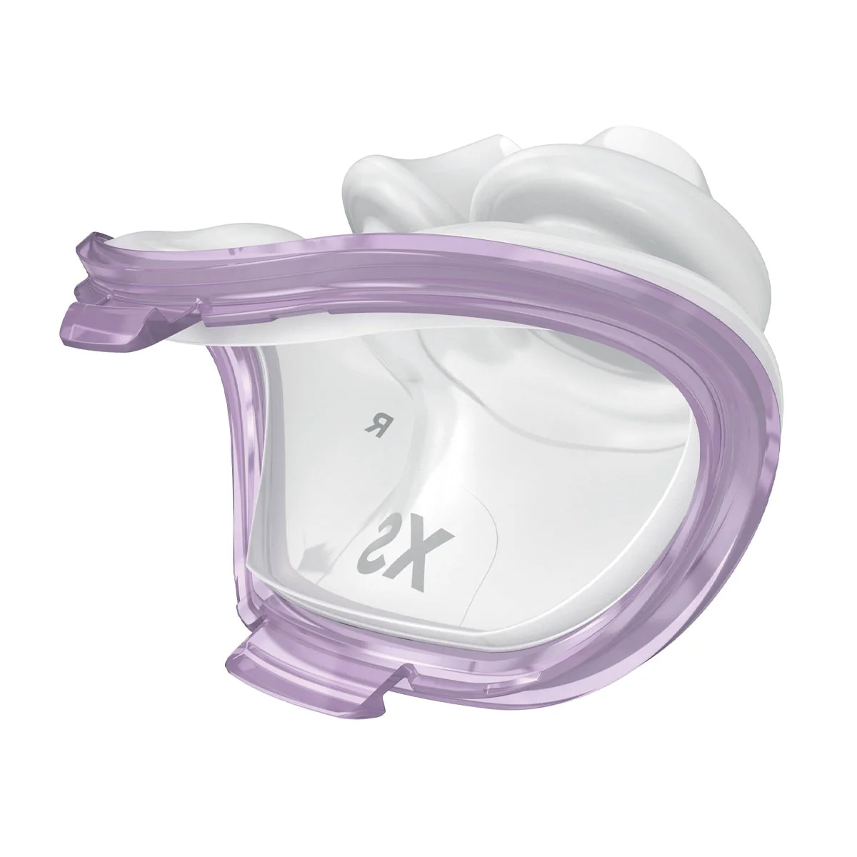 resmed-airfit-p10-nasal-pillow-extrasmall-pink-62930 Przezroczysta silikonowa maska medyczna z fioletową ramką, widok z przodu.