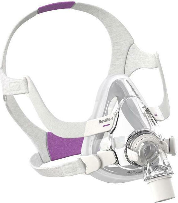 resmed_airfit_f20_her Maska do terapii CPAP na bezdech senny, z przezroczystą częścią na twarz i paskami mocującymi.