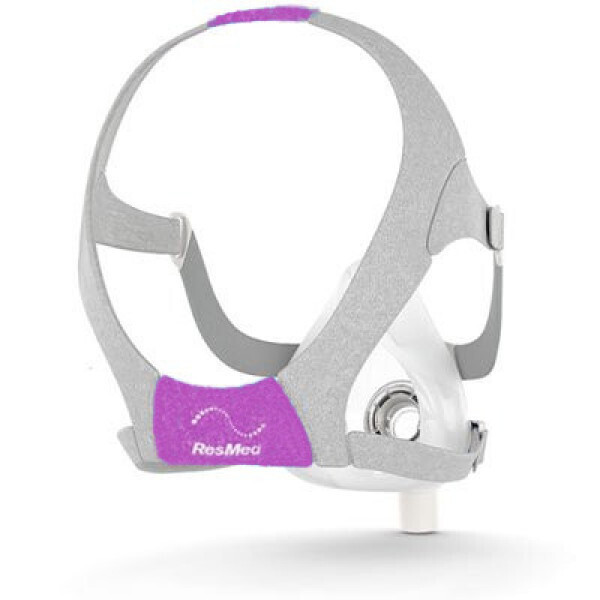 resmed_airfit_f20_her1 Szara maska CPAP z fioletowym paskiem i napisem RosMed, widok z przodu.